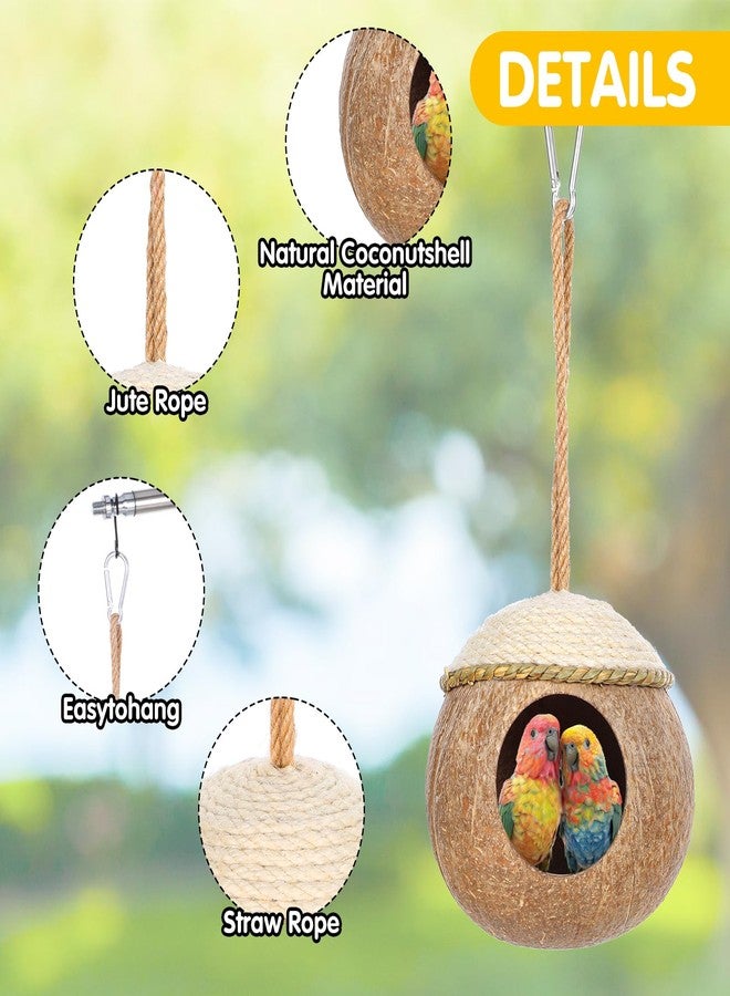 wutfuooo 3 Pcs Natural Coconut Bird Hide Nest Hut for Cage with Woven Straw Bird Parakeet Coconut Fiber Hanging Birdhouse Cage Habitats Decor for Parrot Cockatiel Lovebird Finch Squirrel Hamster - Image 3